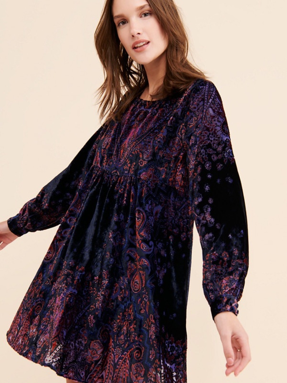 Free People Mirror Mirror Mini Velvet Long-Sleeve Swing Bohemian Dress Purple S